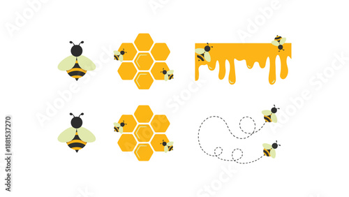 Cute cartoon bees and honeycomb elements with dripping honey and dotted flight paths.