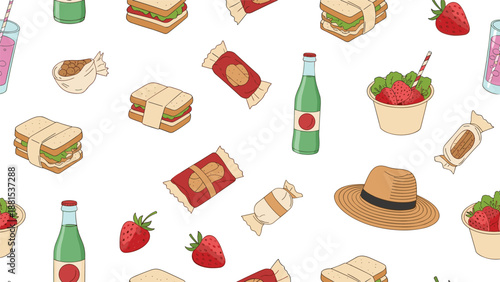 Seamless pattern of picnic essentials including wrapped sandwiches strawberries bottled drinks and a straw hat.