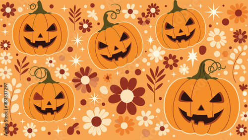 Halloween themed pattern featuring carved pumpkins with scary faces surrounded by autumnal flowers and stars.