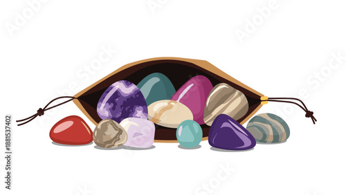 Small brown fabric pouch filled with a collection of colorful polished gemstones and healing crystals.