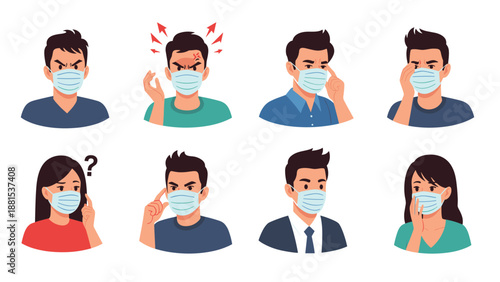 Diverse group of people wearing face masks displaying various emotions and thoughts during the pandemic.