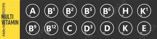 Set of Multi Vitamin complex icons. Multivitamin supplement. Vitamin A, B group B1, B2, B3, B5, B6, B9, B12, C, D, D3, E, K, H, K1, PP. Essential vitamin complex. Healthy life concept