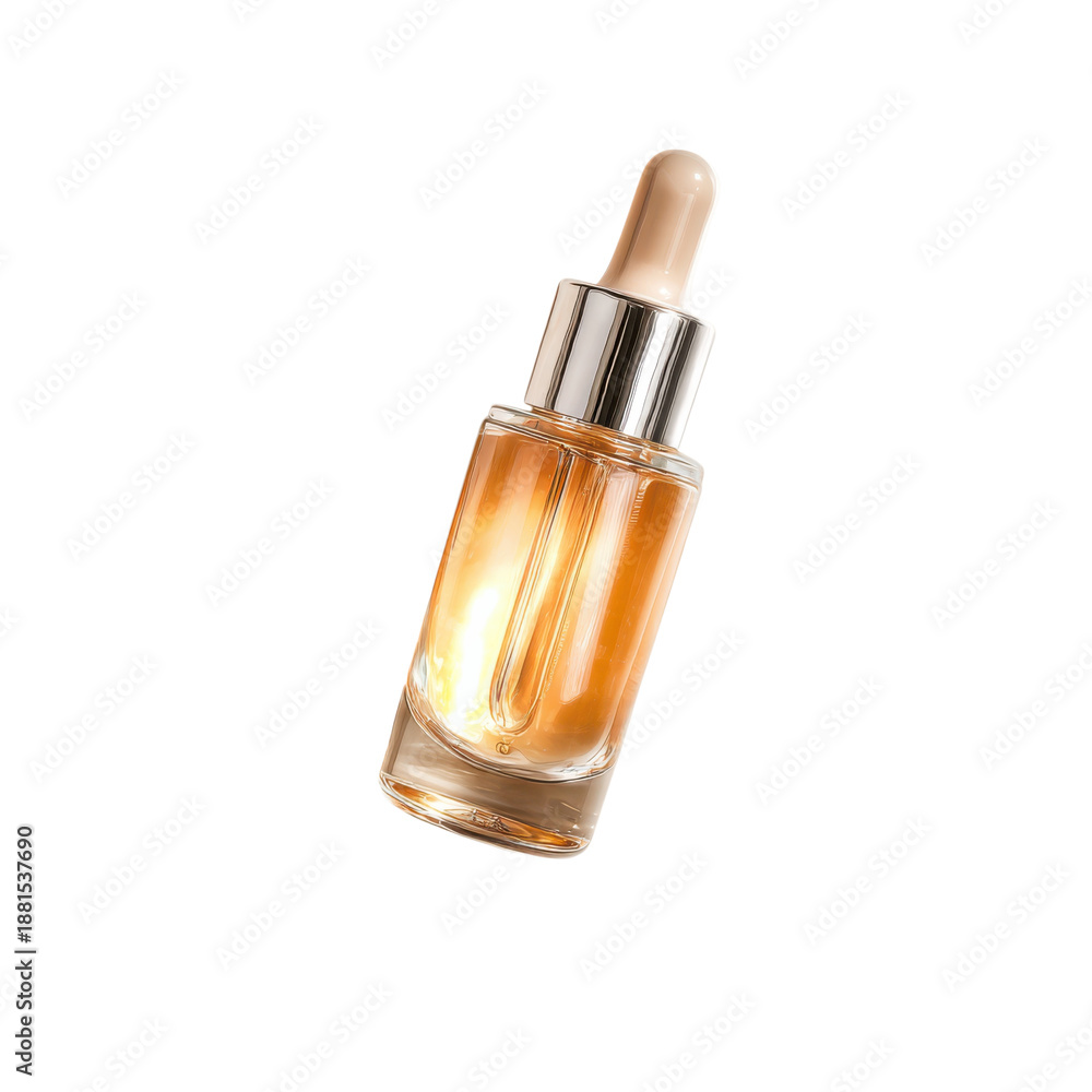 Naklejka premium A glass bottle of golden serum with a dropper on a black background