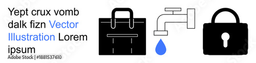 Security, data protection, resource management, privacy, business tools, secure systems. Black briefcase, water tap dripping lock icon on white background. Security and data protection