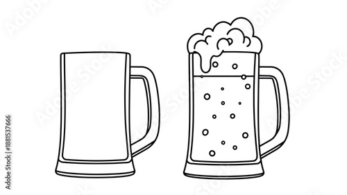 A line drawing of two beer mugs, one empty and one full