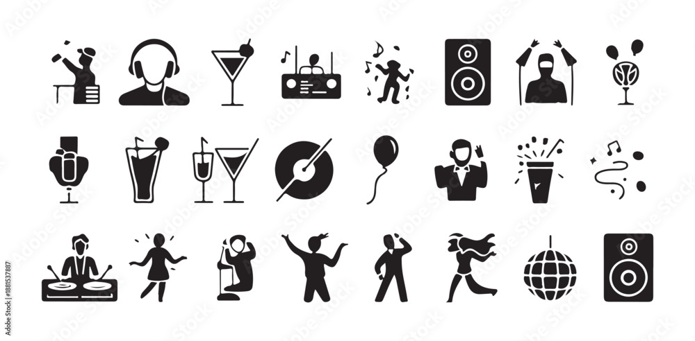Obraz premium Set of party and music icons vector black and white silhouettes on isolated background