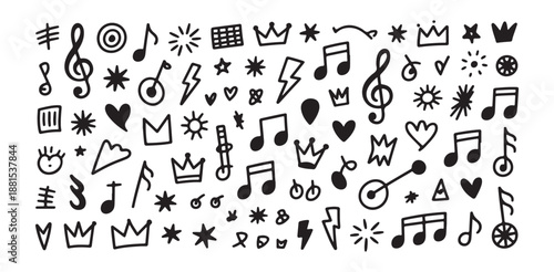 Music doodle elements set including musical notes crowns stars hearts lightning bolts and shapes