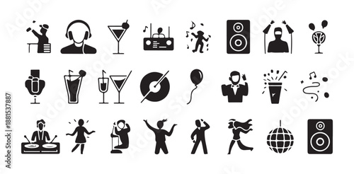 Set of party and music icons vector black and white silhouettes on isolated background
