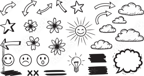 Line brush heart vector set. Hand drawn sketch doodle style arrow, cloud, star with marker stroke pencil highlight. Cute handwritten crown, heart, star line brush art design.