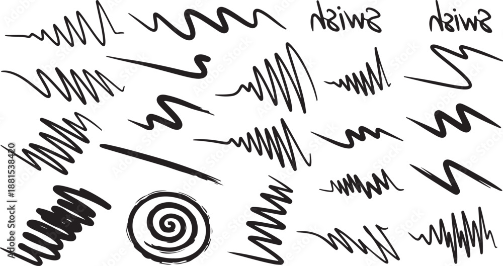 Obraz premium Black underline chalk brush strokes with pencil line crayon texture for handdrawn designs and markings. Rough wavy zigzag patterns or straight horizontal elements.
