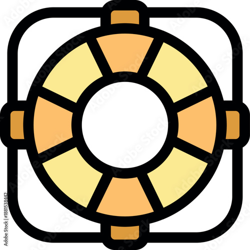 Orange and yellow lifebuoy hanging on its support, ready for emergency rescue in sea or swimming pool