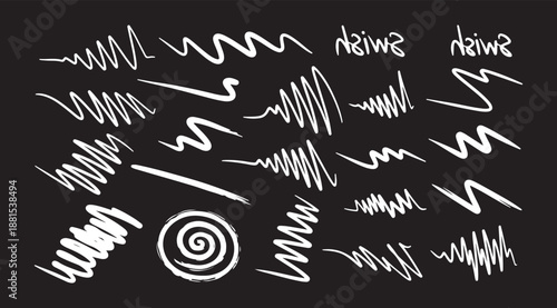 Black underline chalk brush strokes with pencil line crayon texture for handdrawn designs and markings. Rough wavy zigzag patterns or straight horizontal elements.