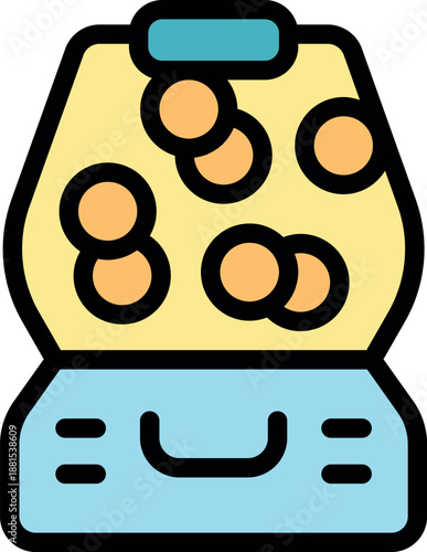 Colorful claw crane arcade game machine is full of shiny gold coins, ready for playing