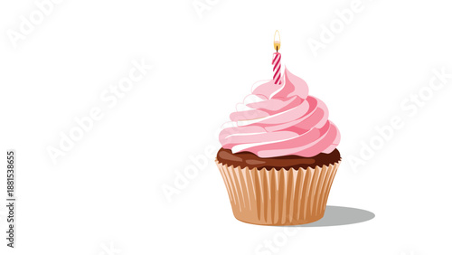 Chocolate cupcake topped with a swirl of light pink frosting and a single lit birthday candle isolated on a clean white background.