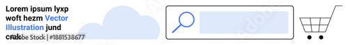 E-commerce, online shopping experiences, digital marketplaces, cloud services, search optimization, retail technology. A cart icon, search bar magnifying glass and cloud graphics. E-commerce