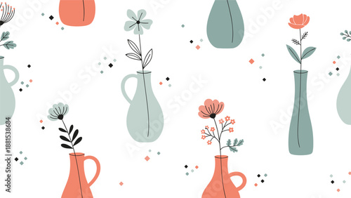 Seamless floral pattern featuring minimalist flowers in various muted-colored vases and jugs against a white background with decorative dots.