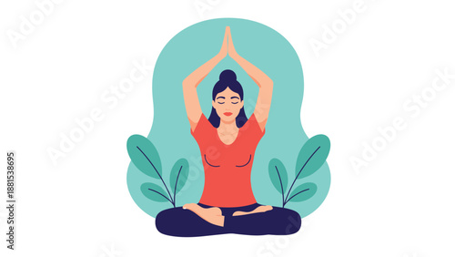 Young woman practicing yoga in a seated lotus position with hands joined overhead against a serene teal background with plant leaves.
