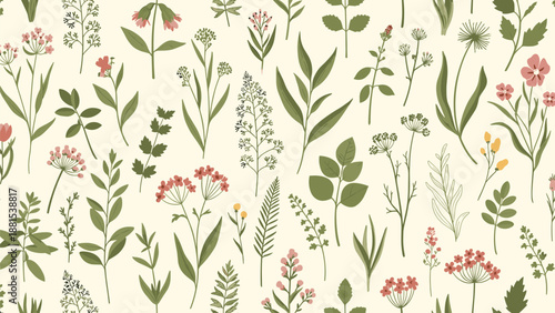 Elegant seamless pattern composed of various delicate wildflowers, herbs, and green leaves on a light cream-colored background.