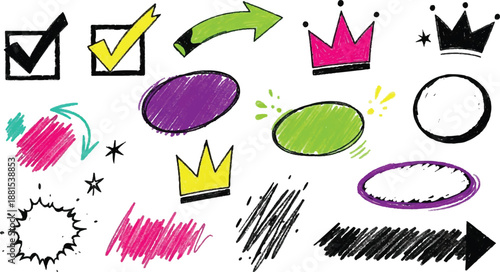 Set of marker red, yellow, green, blue highlight. Selection borders frames arrows vector hand drawn. Template vector. Collection of arrow marker scribble, color stroke