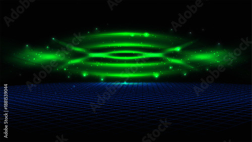 Futuristic neon green energy blast pulsing over a dark blue perspective grid in a synthwave style high tech digital landscape with glowing particles for retro gaming and technology backgrounds