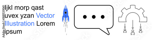 Innovation, teamwork, communication, technology, brainstorming, collaboration. Blue rocket launching, speech bubble with dots gear design with people. Innovation and teamwork through creative