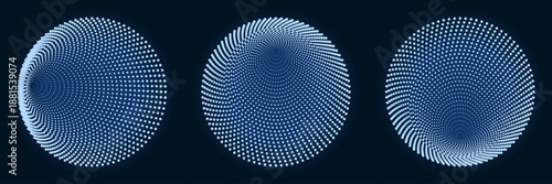 Set of blue glowing circular spiral patterns with halftone dots for futuristic digital technology background