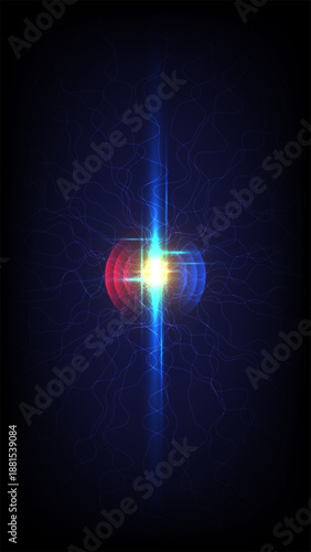 Abstract glowing energy core with neon blue nerve lines and bright light ripples on dark background and quantum technology connectivity for digital science