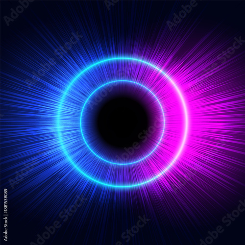Neon portal background with glowing blue and magenta rings and radiant light streaks exploding from a dark central void for futuristic abstract technology