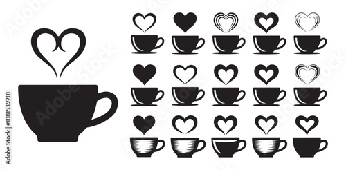 Set of black and white coffee cup icons shaped like hearts