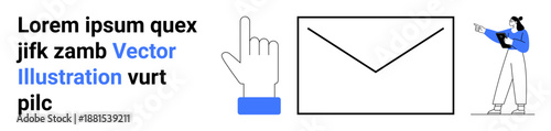 Stylized hand pointer near an envelope, text block, and a woman pointing. Ideal for communication, email, user interaction, tutorials, digital tools, UX design simple landing page