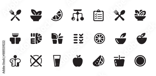 Black and white icons representing healthy food and lifestyle elements