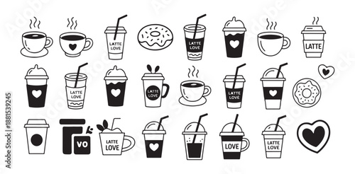 Coffee and latte love vector icons set collection hot and iced drinks beverage cafe symbols