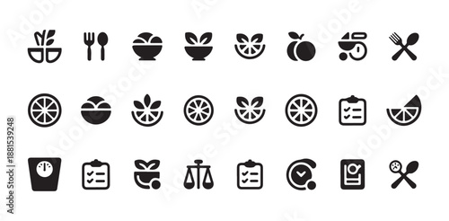 Collection of icons related to health, nutrition and healthy living