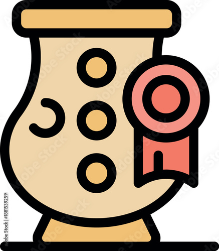 Pottery vase showcasing high quality craftsmanship, decorated with an award ribbon, symbolizing excellence and recognition in ceramic art