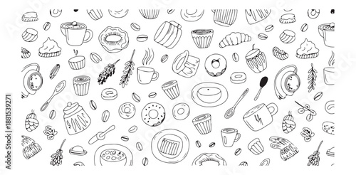 Doodle coffee break background pattern with pastries desserts and hot drinks vector