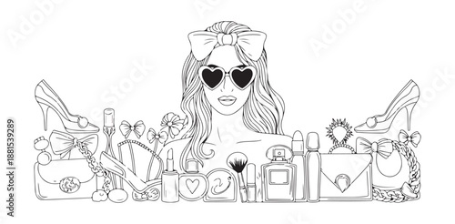 Fashion girl with heart sunglasses and makeup accessories for beauty shopping illustration