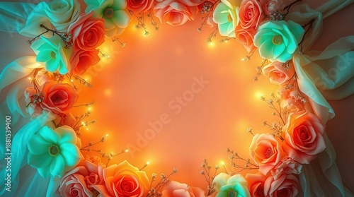 Wallpaper Mural Vibrant floral wreath with glowing lights on orange background Torontodigital.ca