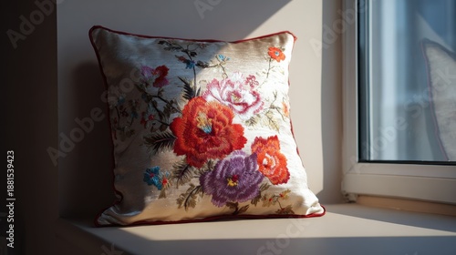 Decorative floral pillow draped on window sill with natural light