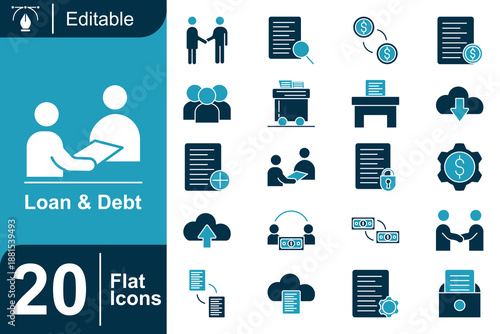 Loan and Debt Flat Color Icon Set Illustrating Finance Agreements, Credit, Borrowing, Payments, Contracts, Money Transfer, Interest, Banking and Financial Management Concepts