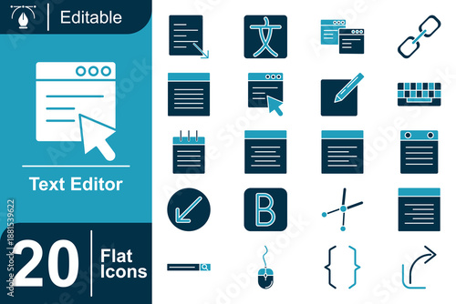 Text Editor Flat Color Icon Set with Writing, Formatting, Cursor, Paragraph, UI Controls, Coding Symbols, Editing Tools, Document Management and Modern Web Interface Elements