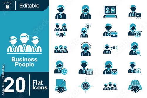 Business People Flat Color Icon Set Showing Teamwork, Office Workers, Collaboration, Management, Communication, Strategy, Leadership, Meetings and Corporate Human Resources Concepts