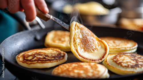Close-up of blini being cooked on a cast-iron pan, a hand flipping the pancake with a spatula, authentic kitchen moment, soft steam, warm stovetop light, unstyled real-life kitchen