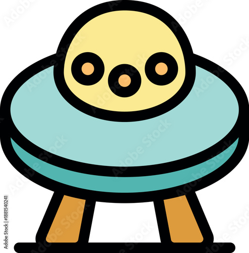 Cartoon style alien spaceship hovering, featuring three portholes and extended landing legs, ready for landing or takeoff