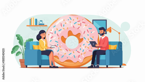 People relaxing on sofas next to a giant frosted donut