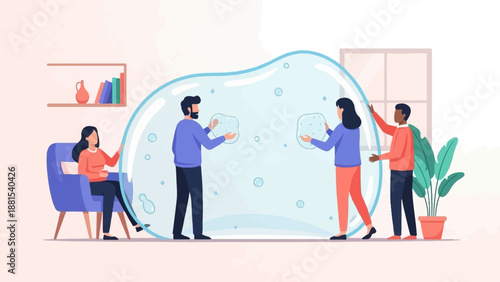 People interacting within a protective bubble, symbolizing safety and connection