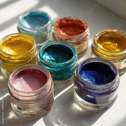 Vibrant assortment of artistic paints in glass jars captured in natural light