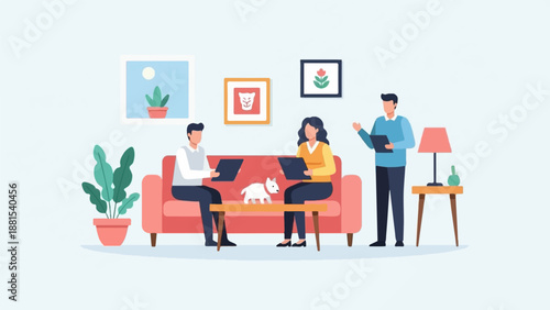 People meeting in a room with a dog and plants