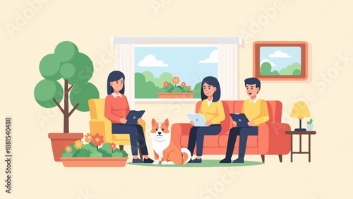 People and dog relax indoors using laptops with window view