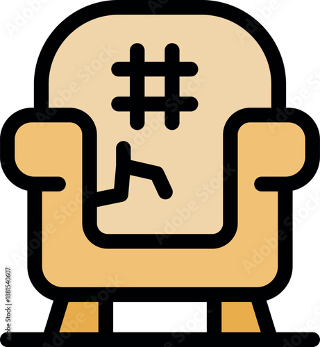 Upholstered armchair with damaged fabric and hashtag sign, representing trending topic in furniture repair and restoration