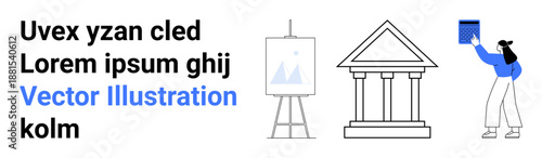 Art, education, architecture, creativity, learning, design. Minimalist illustration of an easel, classical building and a person holding a book. Art and education concepts illustrated